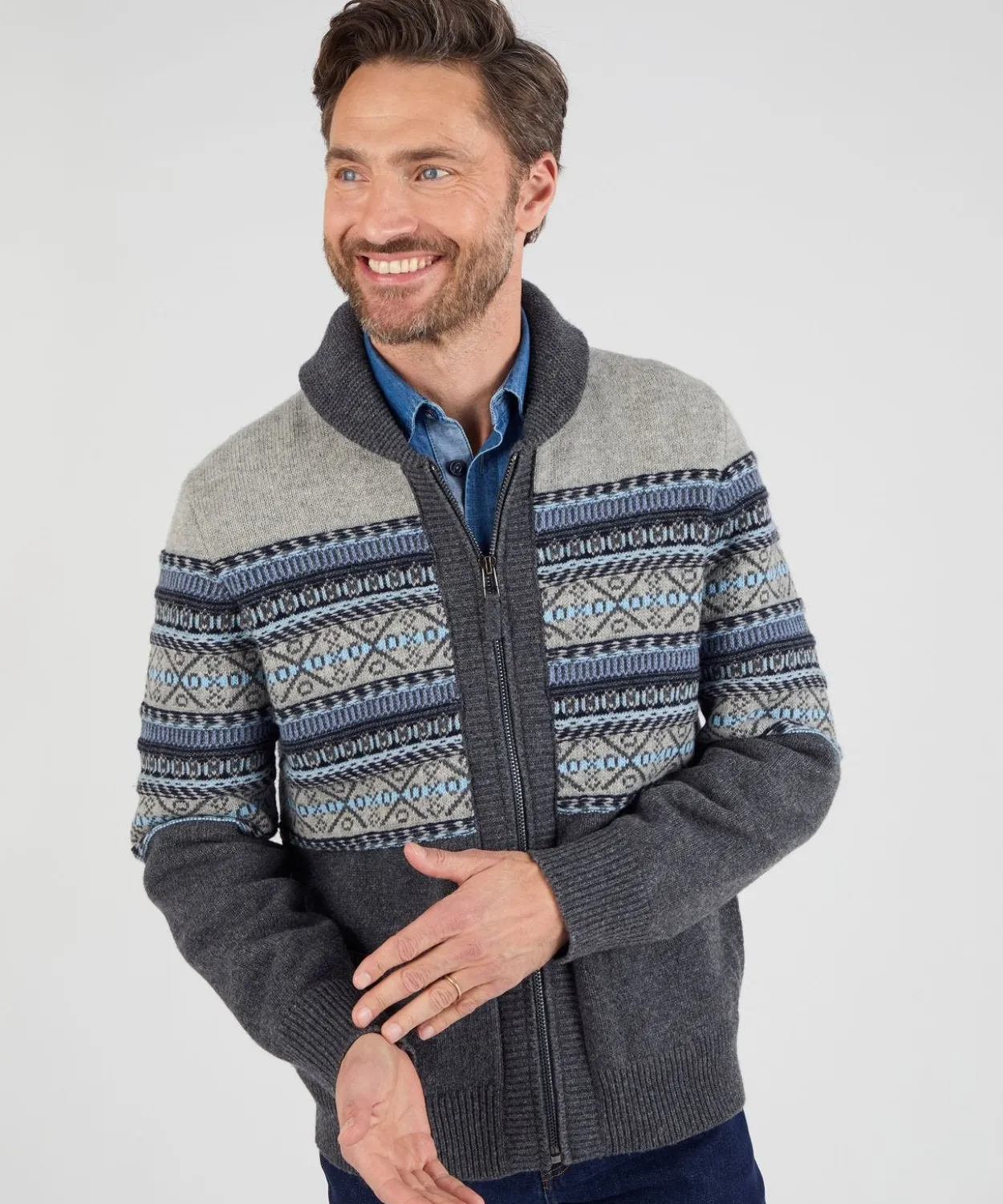 Gilet zippé mélange laine maille jacquard