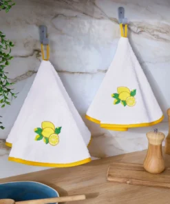 Lot de 2 essuie-mains ronds en tissu éponge motif citrons