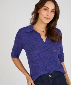 Pull col polo maille ajourée