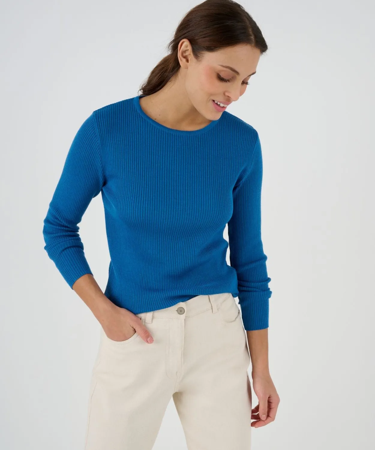 Pull col rond 50% laine mérinos, uni et rayé