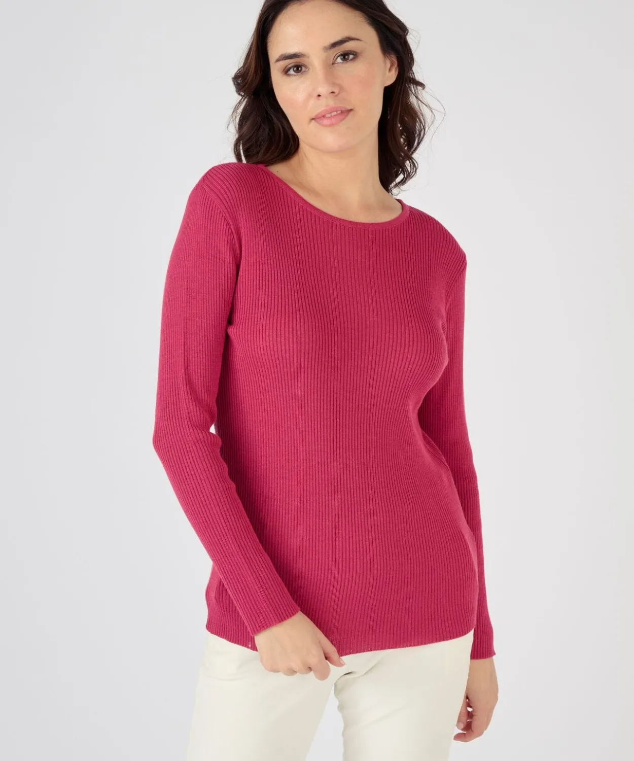 Pull col rond 50% laine mérinos, uni et rayé