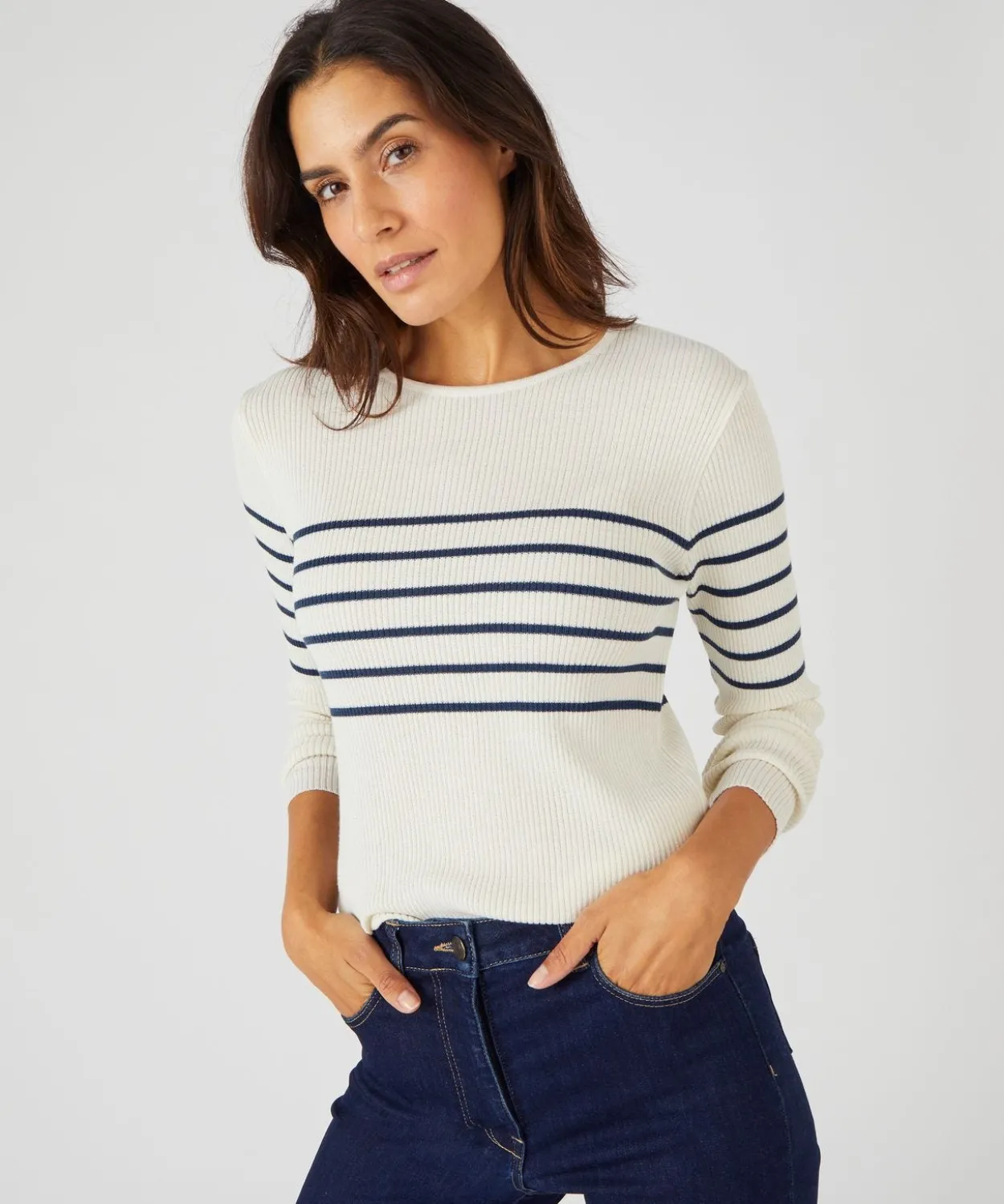 Pull col rond 50% laine mérinos, uni et rayé