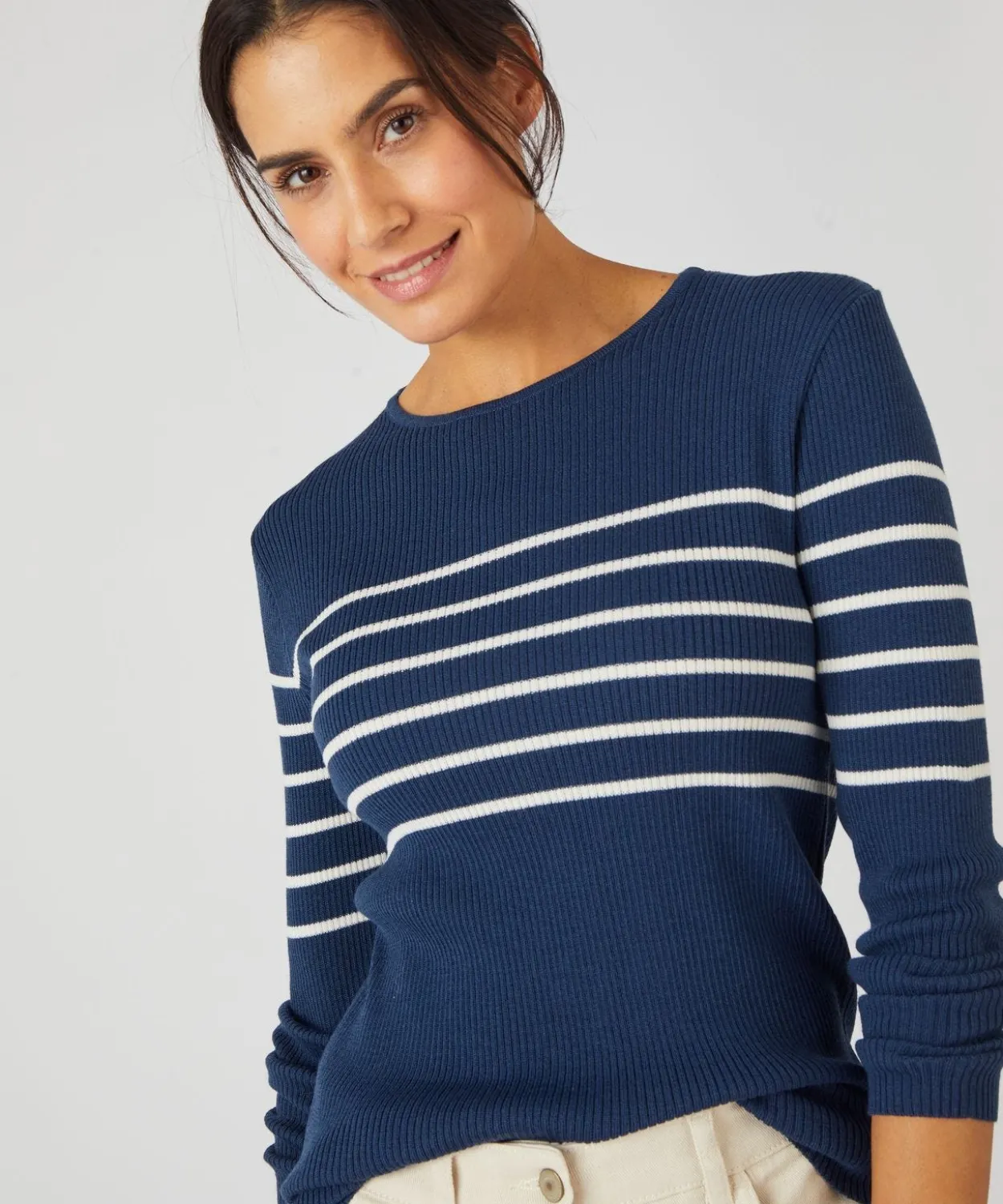 Pull col rond 50% laine mérinos, uni et rayé