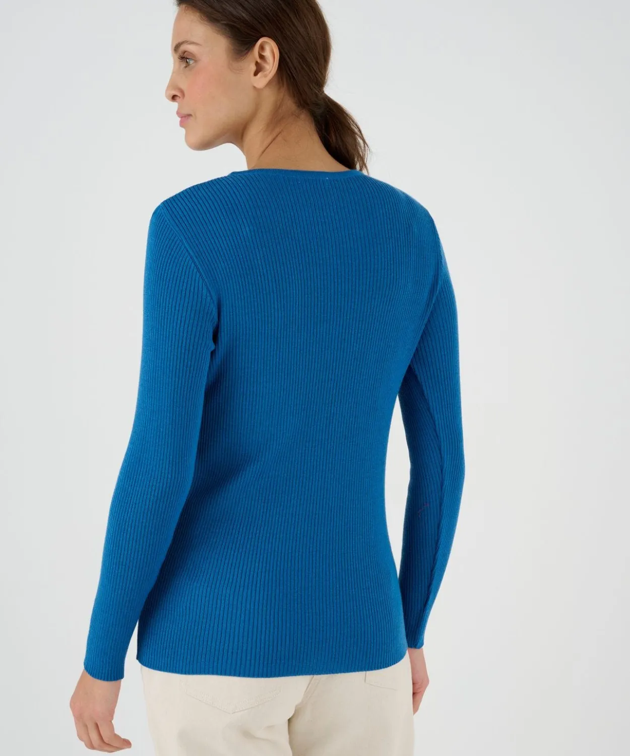 Pull col rond 50% laine mérinos, uni et rayé