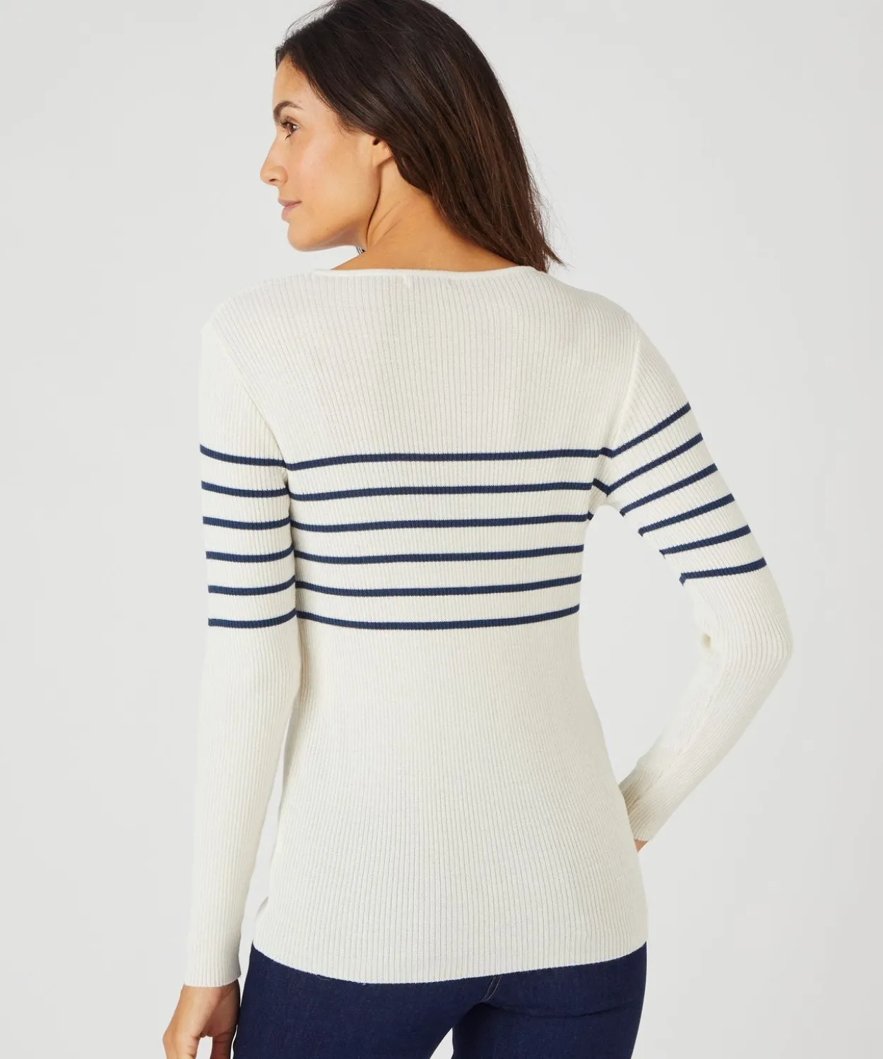 Pull col rond 50% laine mérinos, uni et rayé