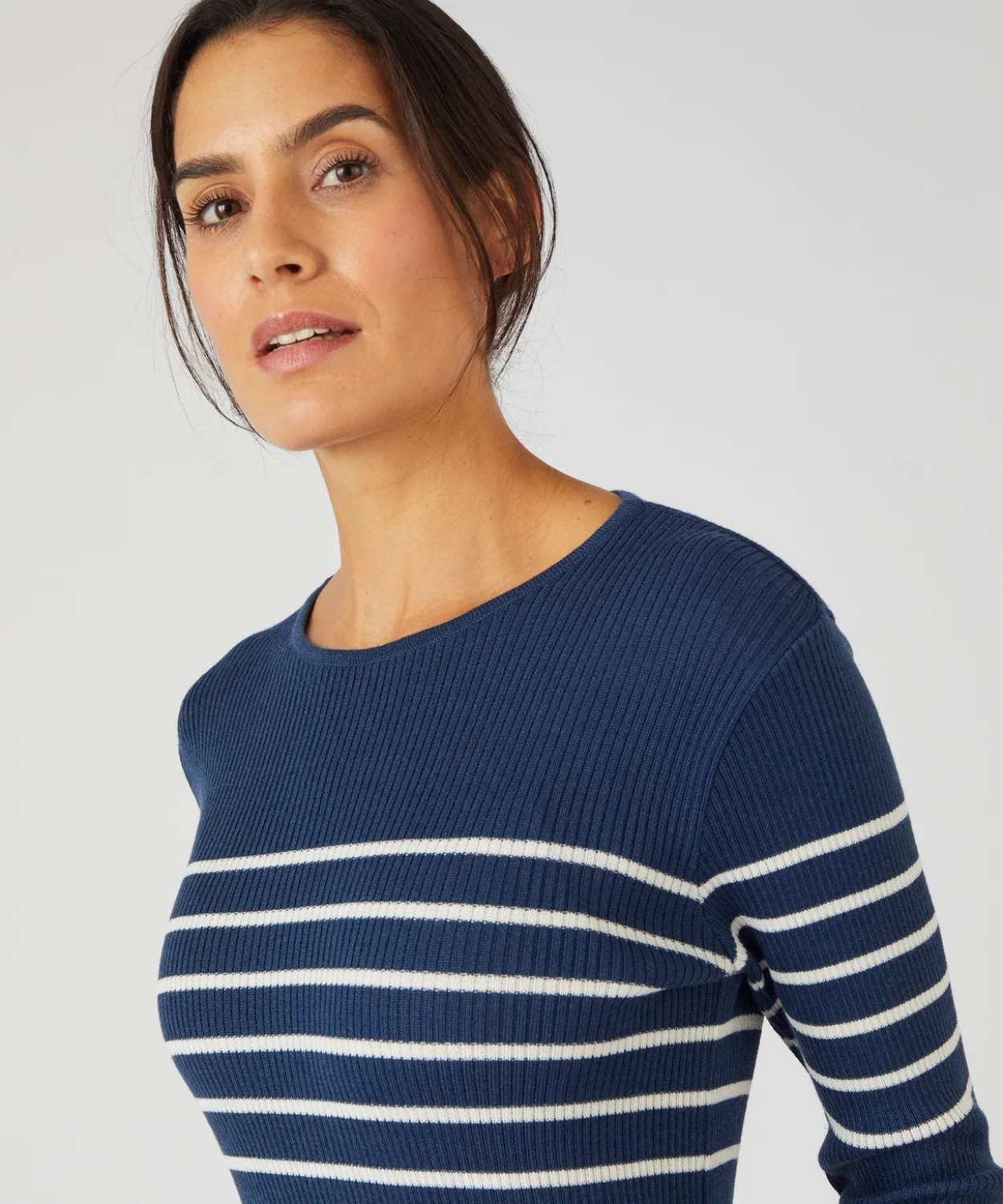 Pull col rond 50% laine mérinos, uni et rayé