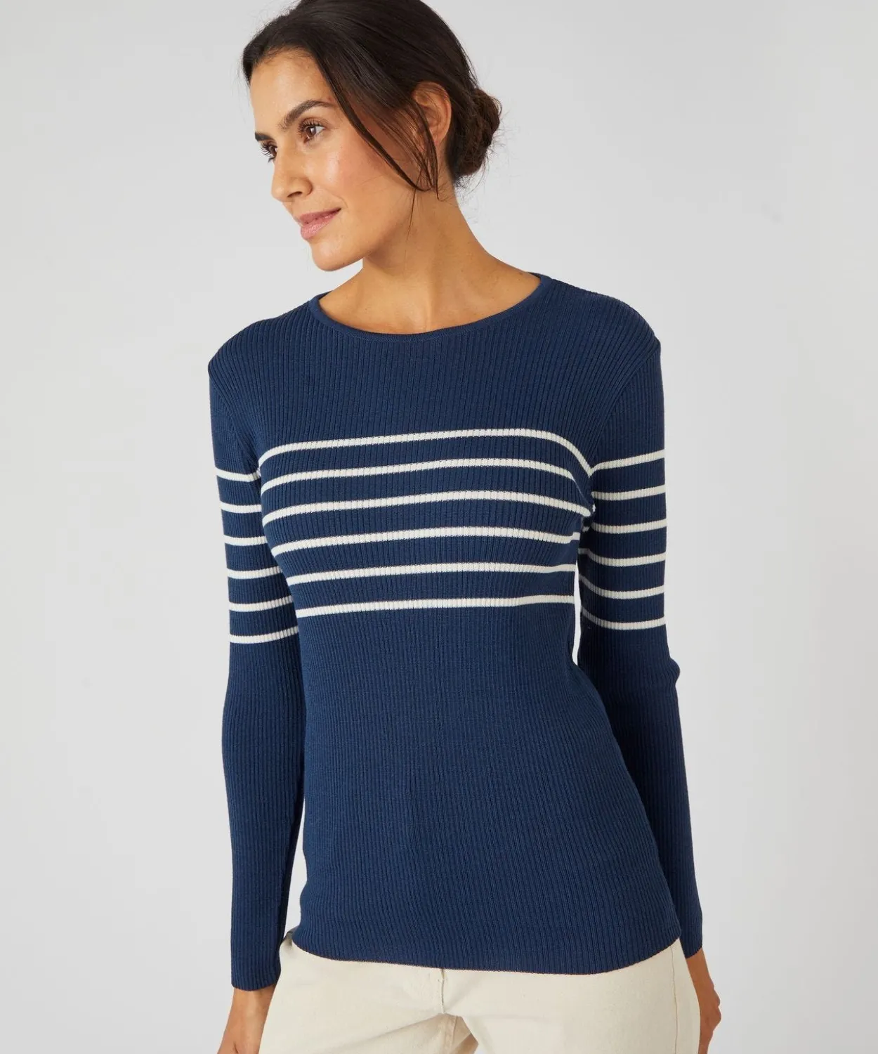 Pull col rond 50% laine mérinos, uni et rayé