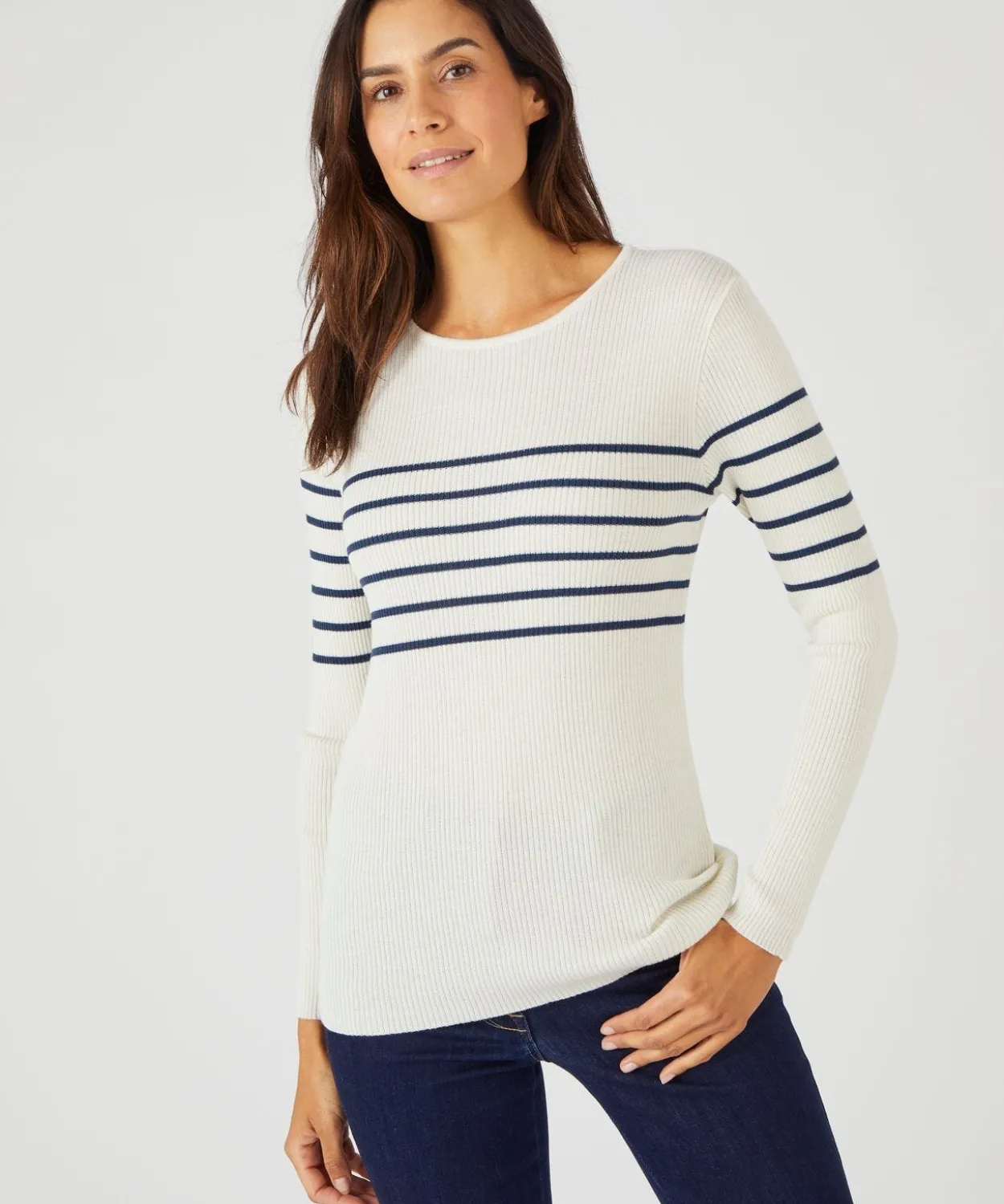 Pull col rond 50% laine mérinos, uni et rayé