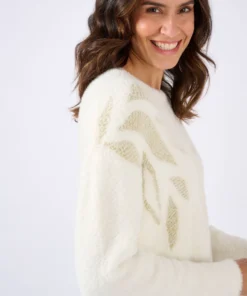 Pull maille poilue à motif végétal brillant