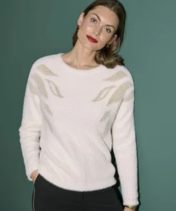 Pull maille poilue à motif végétal brillant