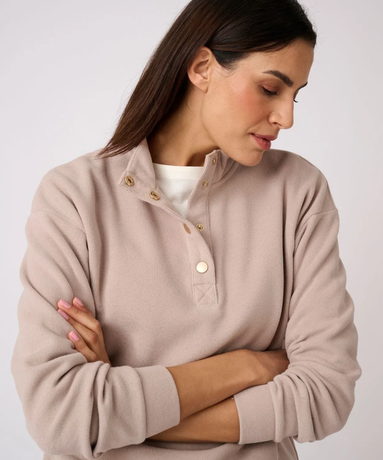 Sweat-shirt col montant pressionné côtes 1x1