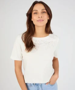 T-shirt broderie et sequins pur coton