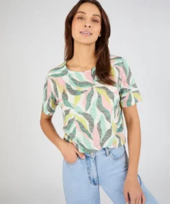 T-shirt maille dévorée imprimé végétal