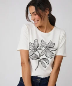 T-shirt motif imprimé avec perles fantaisie